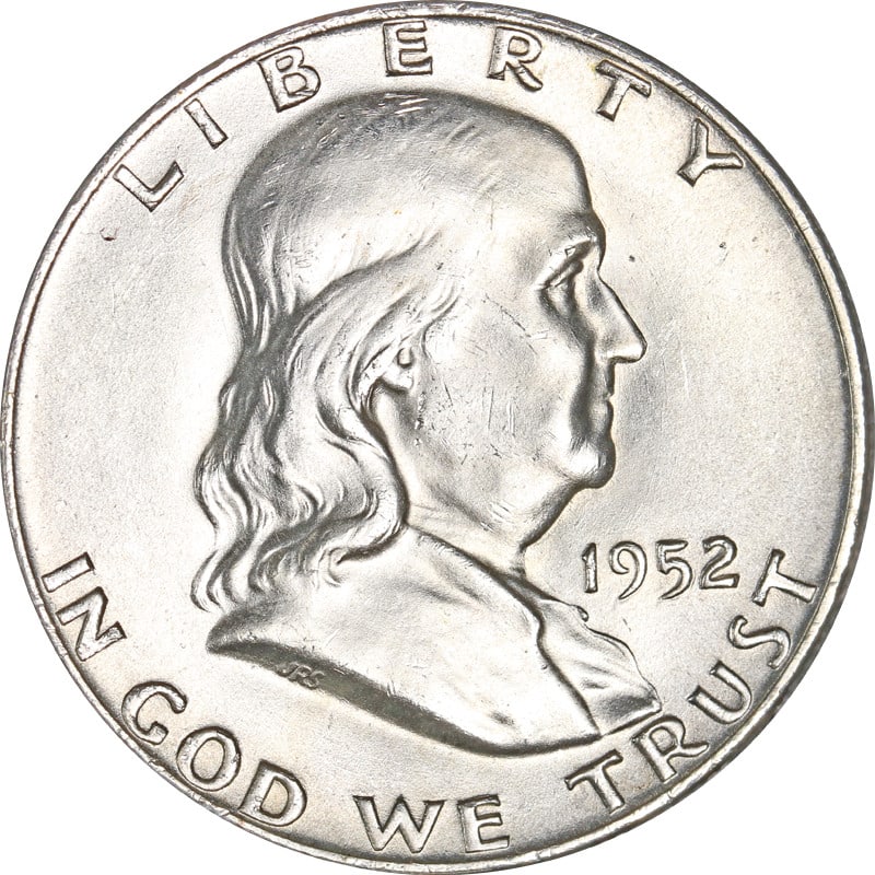 Circulated 1952 Silver Half Dollar from Denver Mint: Circulated 1952 Silver Half Dollar from Denver Mint This is a 1952-D Franklin Half Dollar coin from the United States. The coin is composed of silver with a fineness of 0.9 and was minted in Denver. I