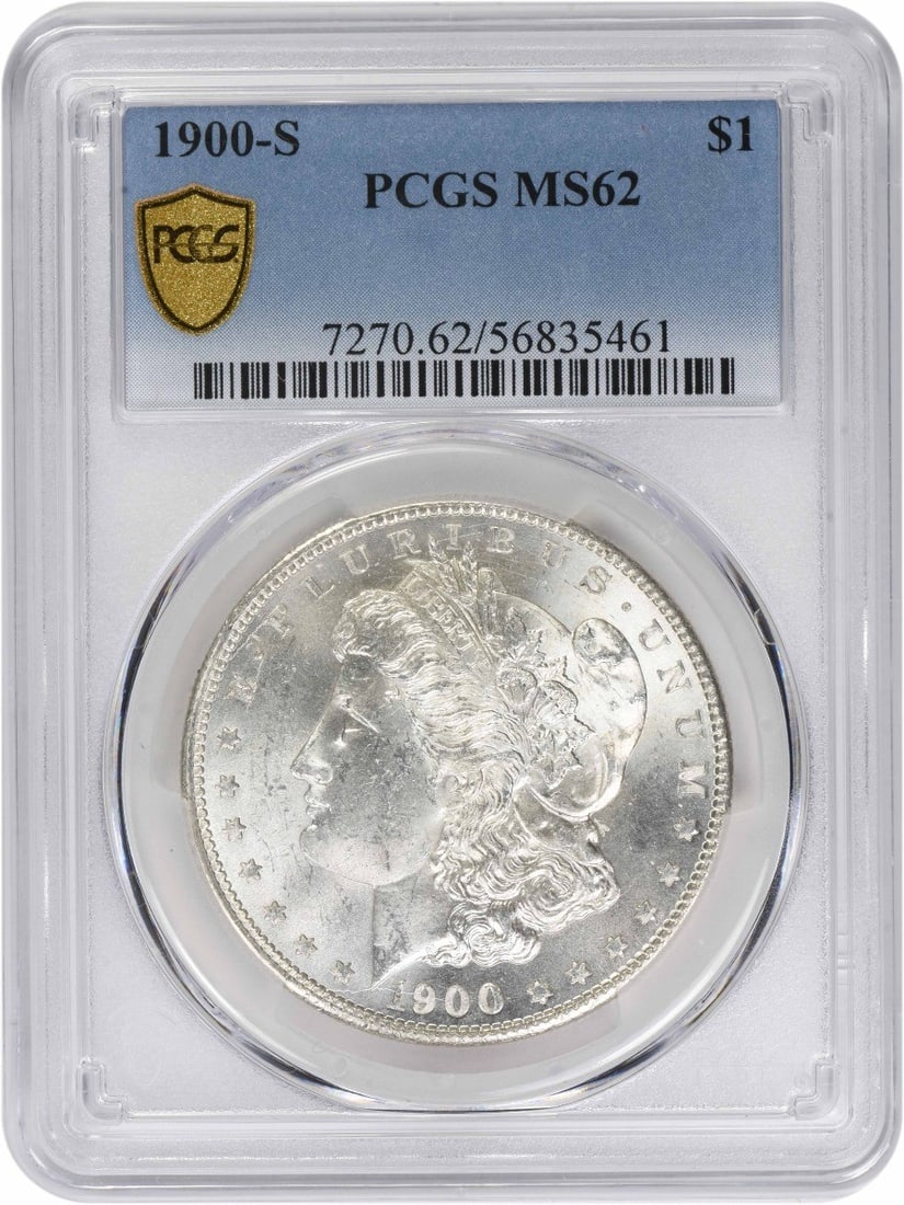 San Francisco 1900 Morgan Dollar PCGS MS62 Silver Coin: San Francisco 1900 Morgan Dollar PCGS MS62 Silver Coin This 1900-S Morgan Silver Dollar is graded MS62 by PCGS and features a classic design by George T. Morgan. Minted in San Francisco, this uncircul
