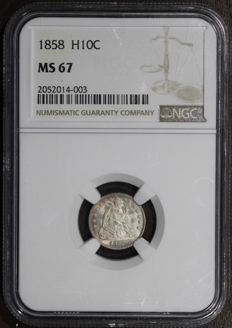 1858 Seated Liberty Half Dime NGC MS67 Silver: 1858 Seated Liberty Half Dime NGC MS67 Silver This 1858 Seated Liberty Half Dime is graded MS67 by NGC, reflecting its superb gem quality. Struck in silver with a fineness of 0.9, this coin was minted
