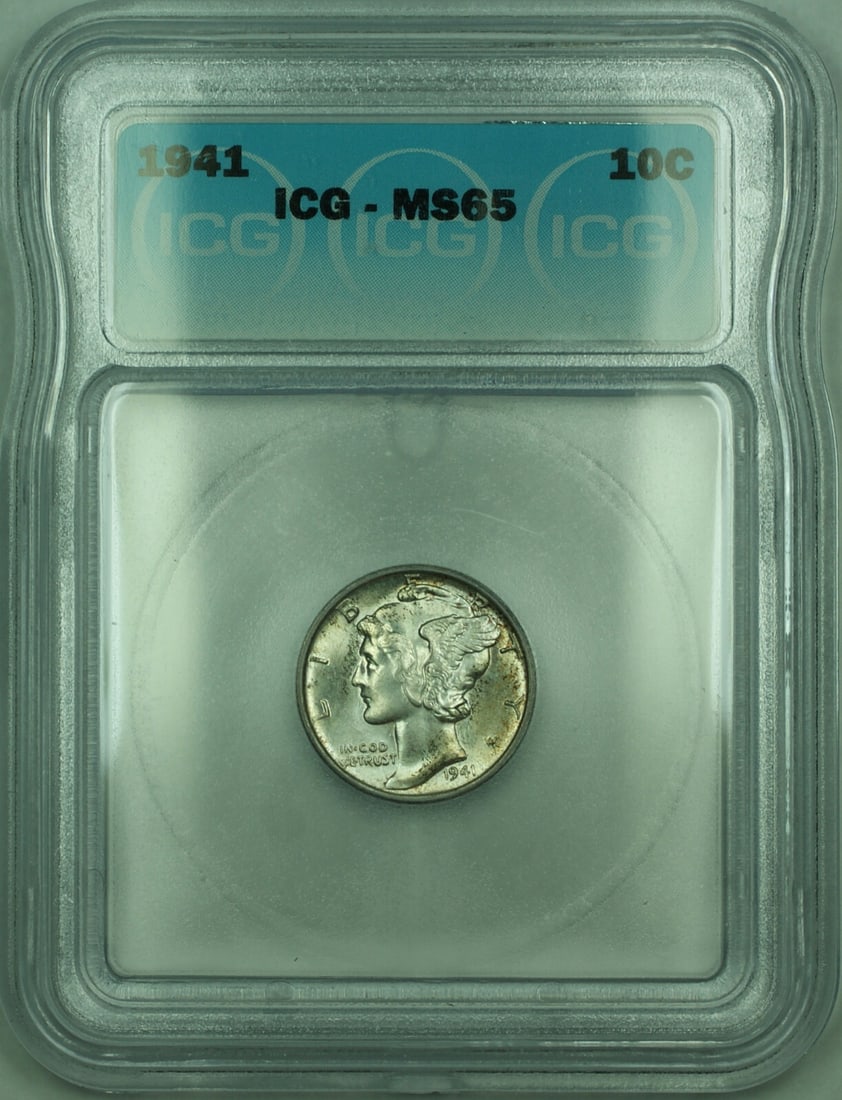 1941 Silver 10 Cent Mercury Dime ICG MS65 Toned Philadelphia: 1941 Silver 10 Cent Mercury Dime ICG MS65 Toned Philadelphia This 1941 Mercury Silver Dime is an un-used 10 cent coin from the United States, featuring a silver composition with a fineness of 0.9. Gra