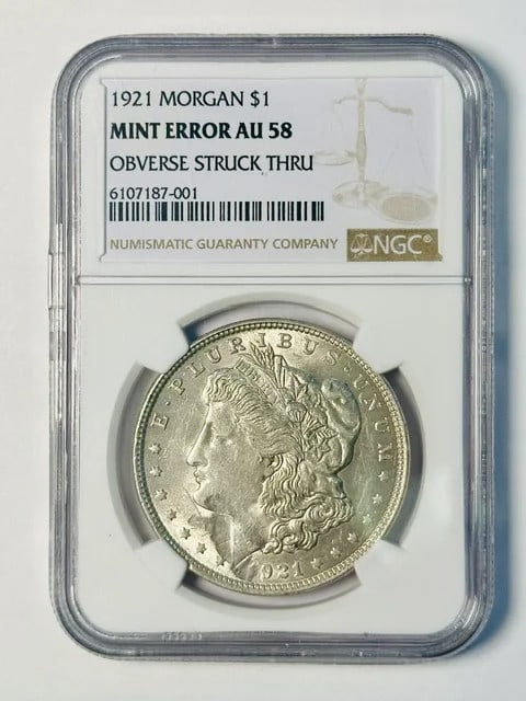 1921 Morgan Dollar NGC AU 58 Obverse Struck Thru Mint Error (1 of 2)