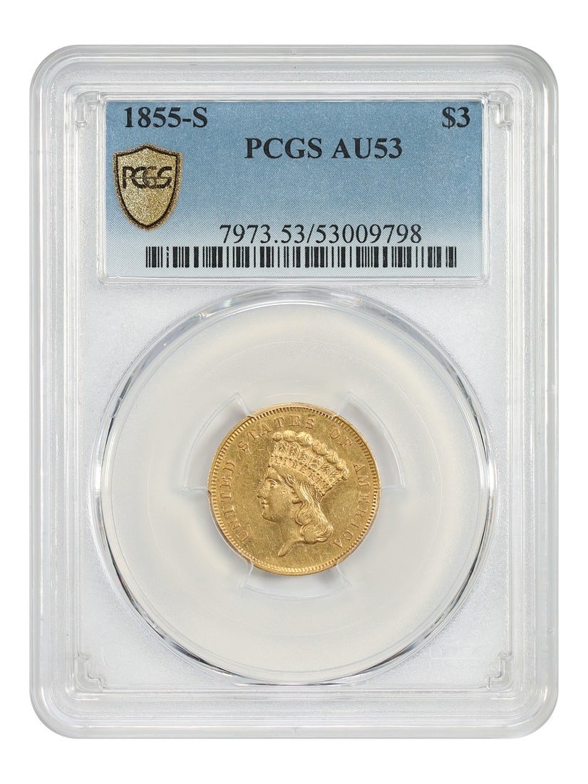 1855-S PCGS AU53 $3 Gold Princess Coin (1 of 4)