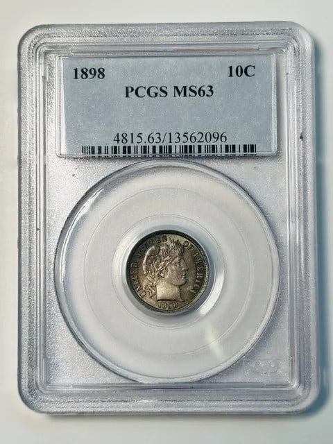 PCGS MS 63 1898 P Barber silver dime: PCGS MS 63 1898 P Barber silver dime This 1898 Barber Dime was minted in Philadelphia and is composed of silver. Graded MS 63 by PCGS, it is a pre-owned coin from the United States with a denomination
