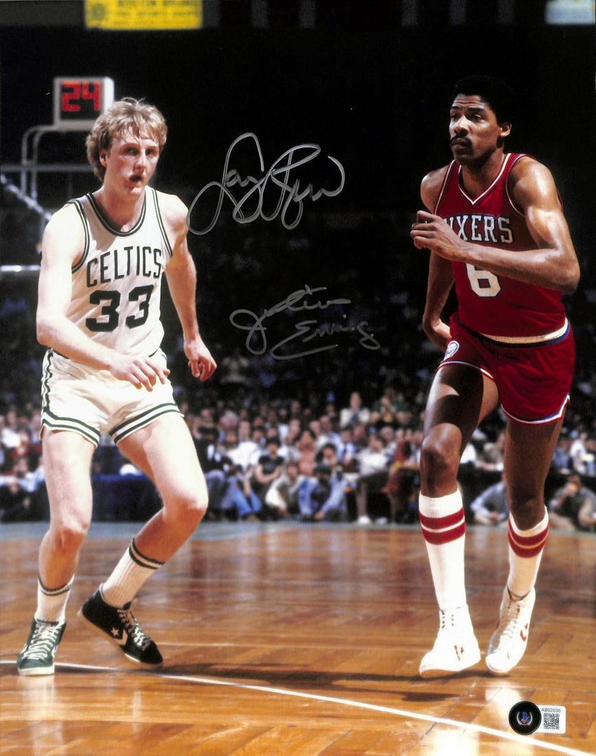 11x14 NBA Legends Photo Signed by Julius Erving and Larry Bird Beckett: 11x14 NBA Legends Photo Signed by Julius Erving and Larry Bird Beckett This 11x14 basketball photograph features dual signatures from NBA legends Julius Erving and Larry Bird. The image captures a mem