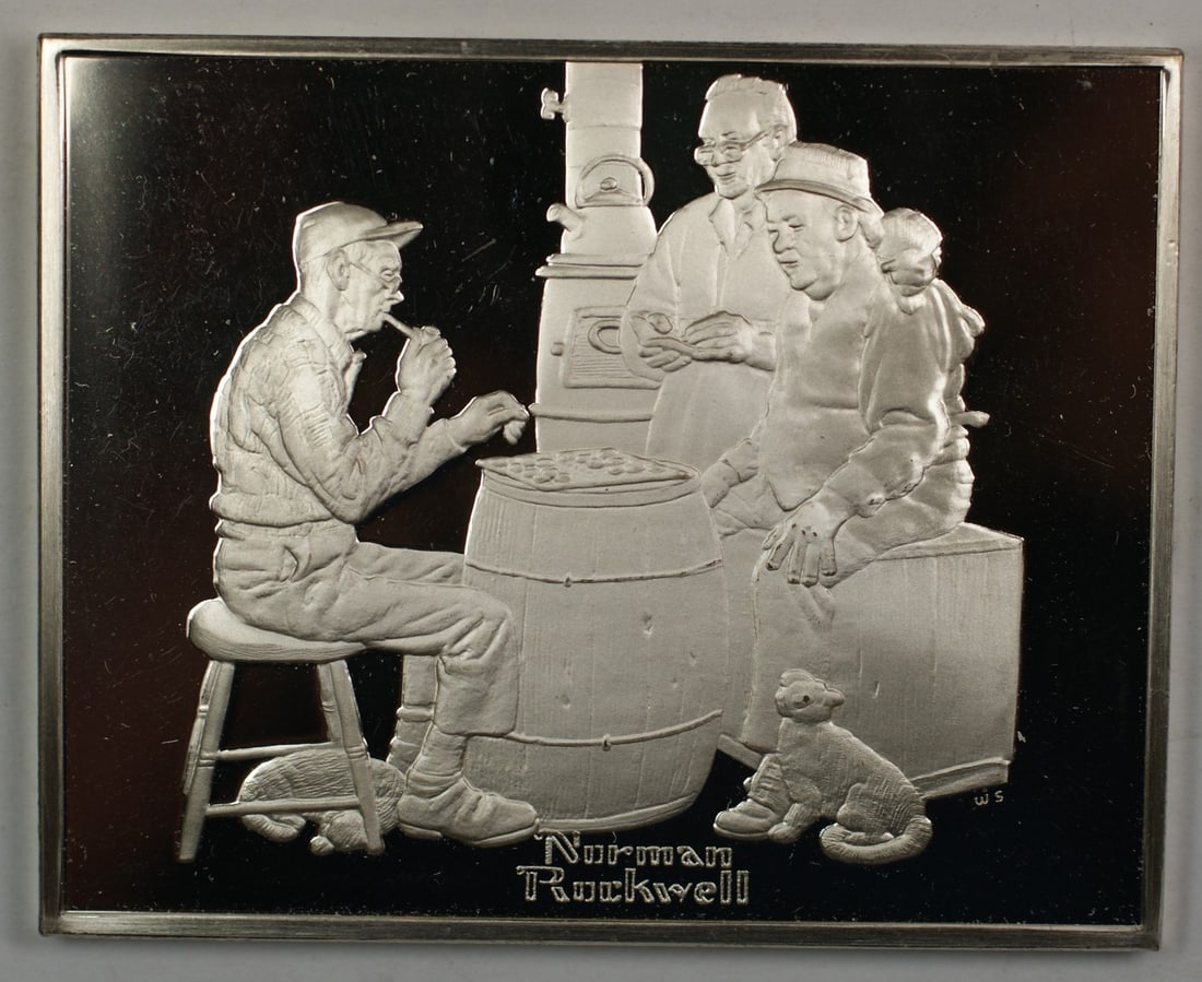 Franklin Mint Norman Rockwell Sterling Silver Proof Ingot The Checker Game (1 of 2)
