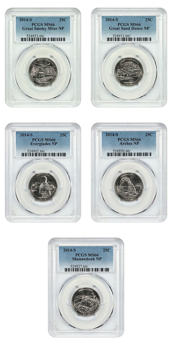 PCGS MS66 2014-S America the Beautiful Quarters 5-Coin Clad Set: PCGS MS66 2014-S America the Beautiful Quarters 5-Coin Clad Set This is a complete 2014-S America The Beautiful quarter set, featuring five uncirculated clad coins graded MS66 by PCGS. Each coin honor