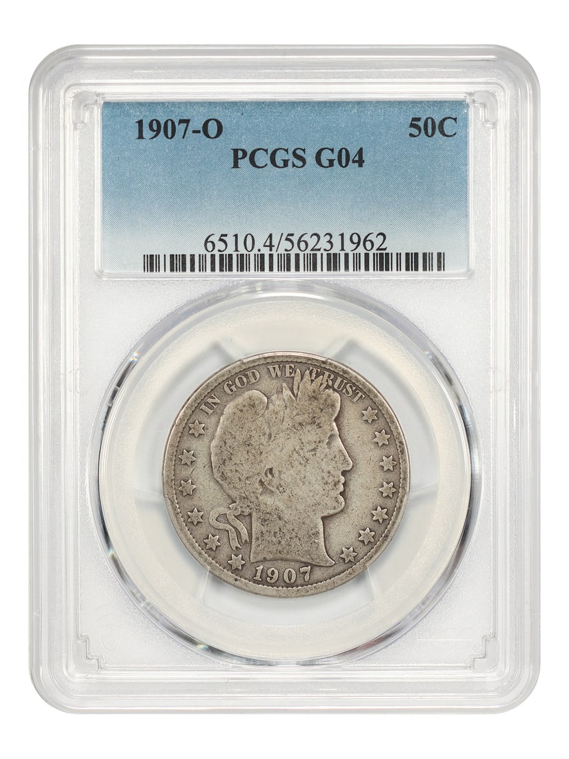 PCGS Good 04 1907-O Barber Half Dollar 50C: PCGS Good 04 1907-O Barber Half Dollar 50C This is a 1907 Barber Half Dollar with a face value of 50 cents, minted in New Orleans. The coin has been certified by PCGS and is in Good 04 condition. It i