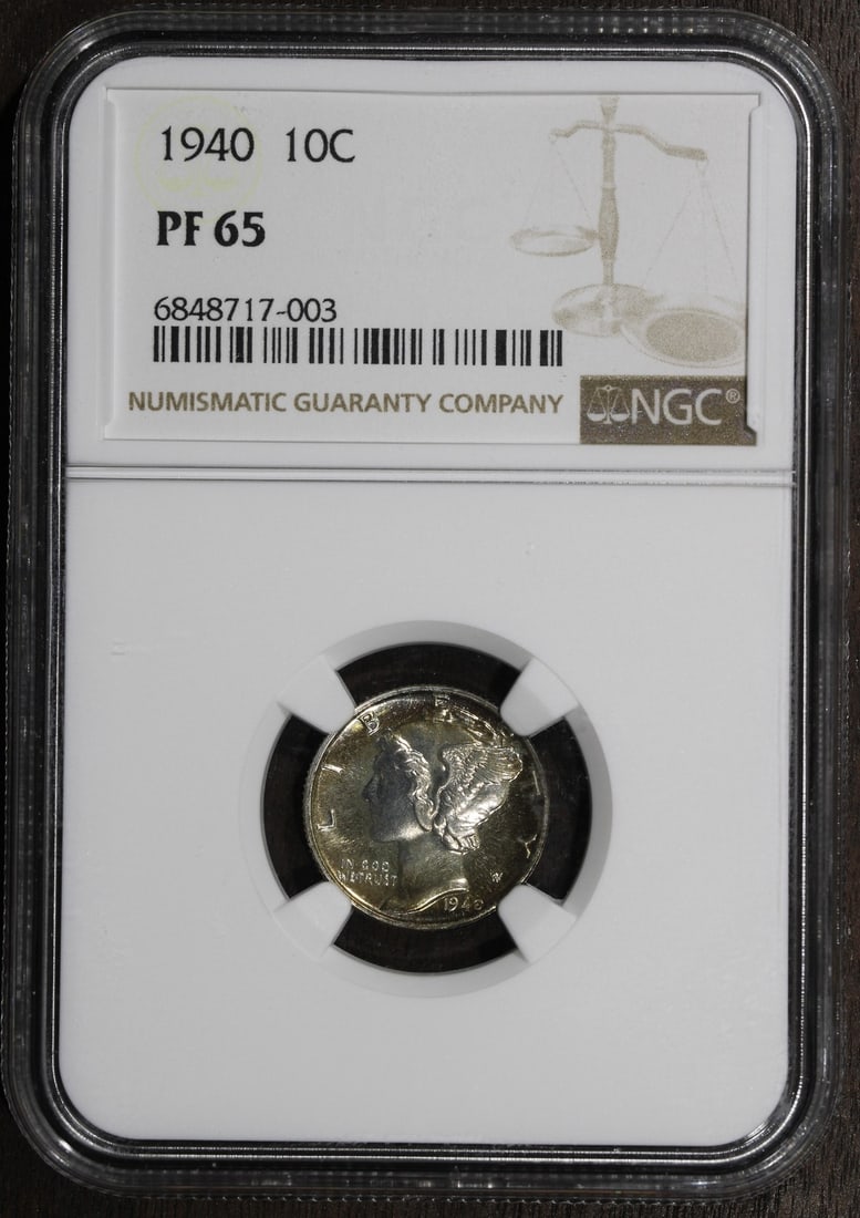 1940 Philadelphia Mercury Dime PF65 NGC Proof Silver: 1940 Philadelphia Mercury Dime PF65 NGC Proof Silver This 1940 Proof Mercury Dime features the iconic Winged Liberty Head design and is composed of 90% silver. Graded PF65, this coin was struck in Phi