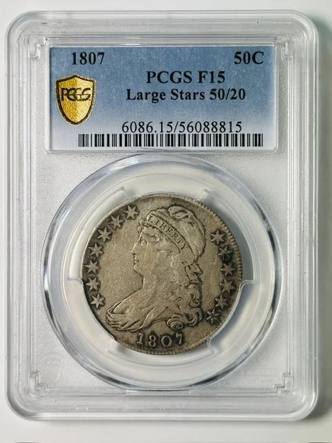 PCGS F15 1807 Capped Bust Half Dollar Large Stars 50 20 Silver: PCGS F15 1807 Capped Bust Half Dollar Large Stars 50 20 Silver This 1807 Capped Bust Half Dollar features the Large Stars and 50/20 variety. Certified by PCGS with a grade of F 15, this pre-owned coin