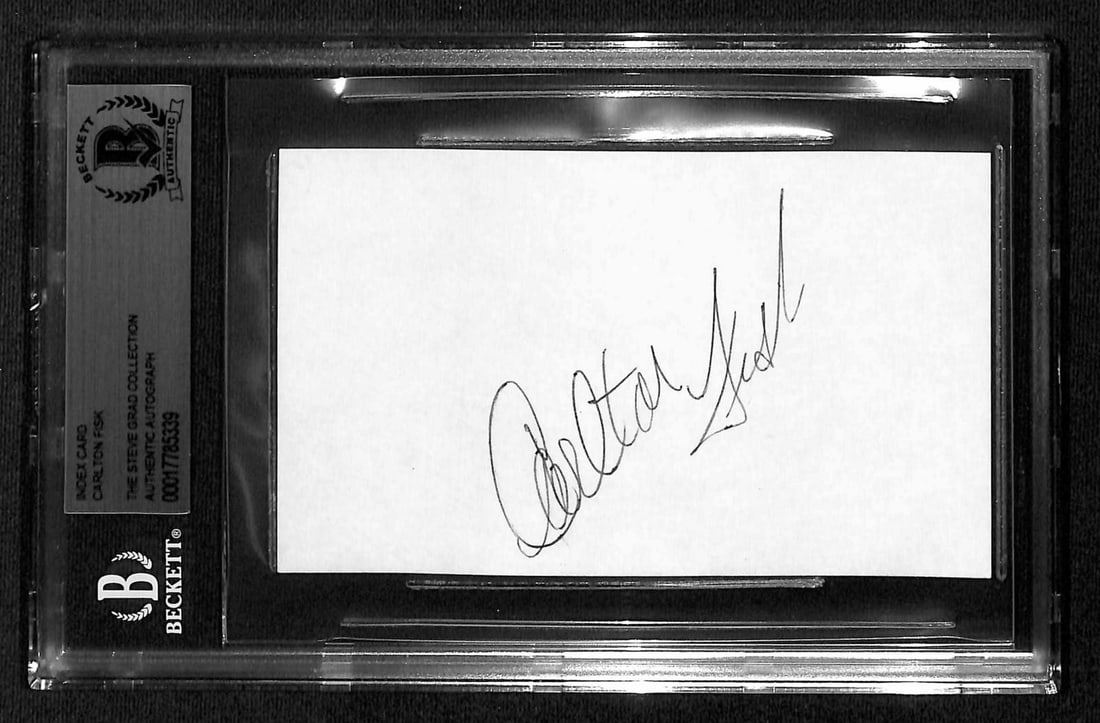Beckett Authenticated Carlton Fisk Hall of Fame 3x5 Index Card: Beckett Authenticated Carlton Fisk Hall of Fame 3x5 Index Card This 3x5 index card features the bold, hand-signed autograph of Hall of Fame catcher Carlton Fisk. The card is professionally encapsulate