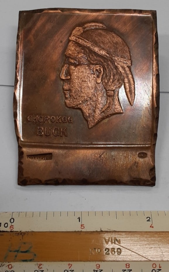 Studio Trial Copper Medal with Cherokee Buck by H Alvin Sharpe circa 1960s: Studio Trial Copper Medal with Cherokee Buck by H Alvin Sharpe circa 1960s This vintage studio trial copper plate from the 1960s features a Cherokee Buck design by H. Alvin Sharpe. Struck in copper wi