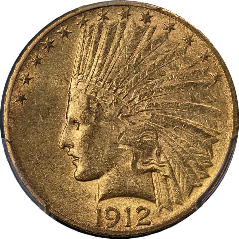 PCGS MS62 1912 P Indian Gold $10 Coin: PCGS MS62 1912 P Indian Gold $10 Coin This 1912-P Indian Gold $10 coin is certified by PCGS with a grade of MS62. The coin is composed of gold with a fineness of 0.9 and originates from the United Sta