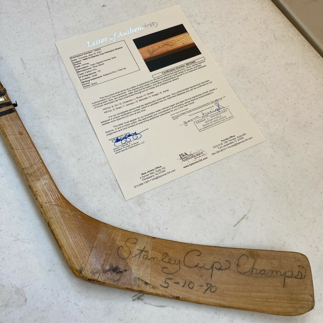 Boston Bruins 1969-70 Team Signed Game Used Stick JSA Stanley Cup Champions: Boston Bruins 1969-70 Team Signed Game Used Stick JSA Stanley Cup Champions This is an original game-used hockey stick from the 1969-70 Boston Bruins, signed by over 20 members of the Stanley Cup Cham