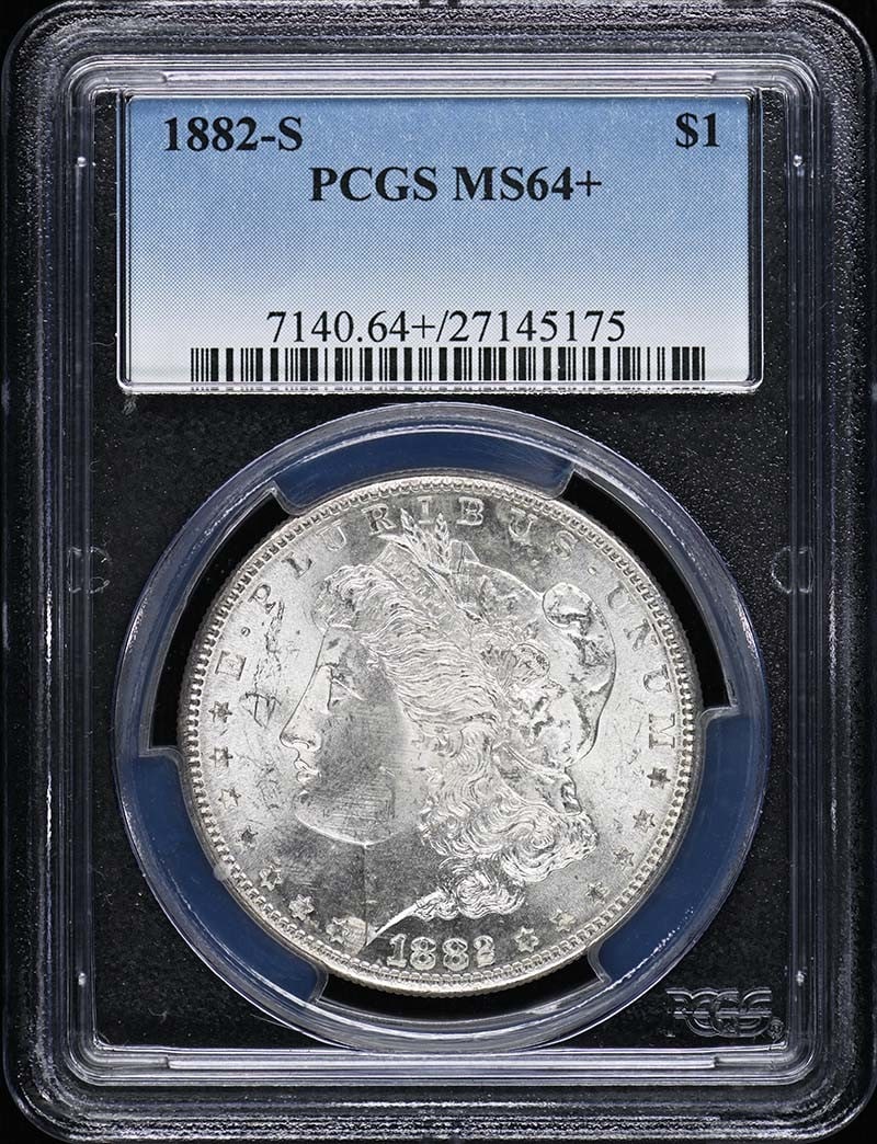 PCGS MS64 Plus 1882 S Morgan Silver Dollar: PCGS MS64 Plus 1882 S Morgan Silver Dollar This 1882 Morgan Dollar was minted in San Francisco and is graded MS64+ by PCGS. The coin is uncirculated and comes with PCGS certification. It is a pre-owne