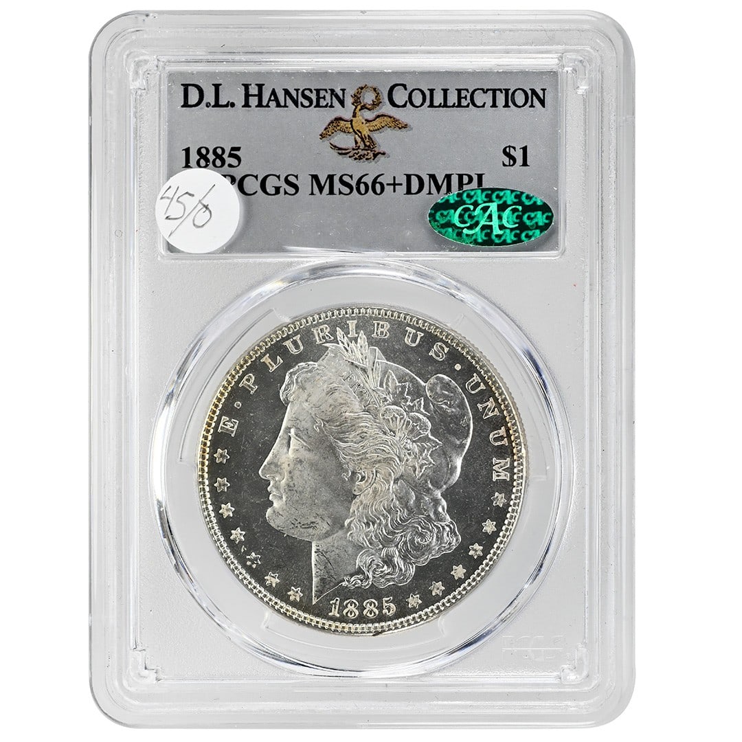 1885 Morgan Silver Dollar PCGS CAC MS66+ Deep Mirror Proof Like: 1885 Morgan Silver Dollar PCGS CAC MS66+ Deep Mirror Proof Like This is an 1885 Morgan Dollar graded MS66+DMPL by PCGS and verified by CAC. The coin features a deep mirror proof-like strike and is com
