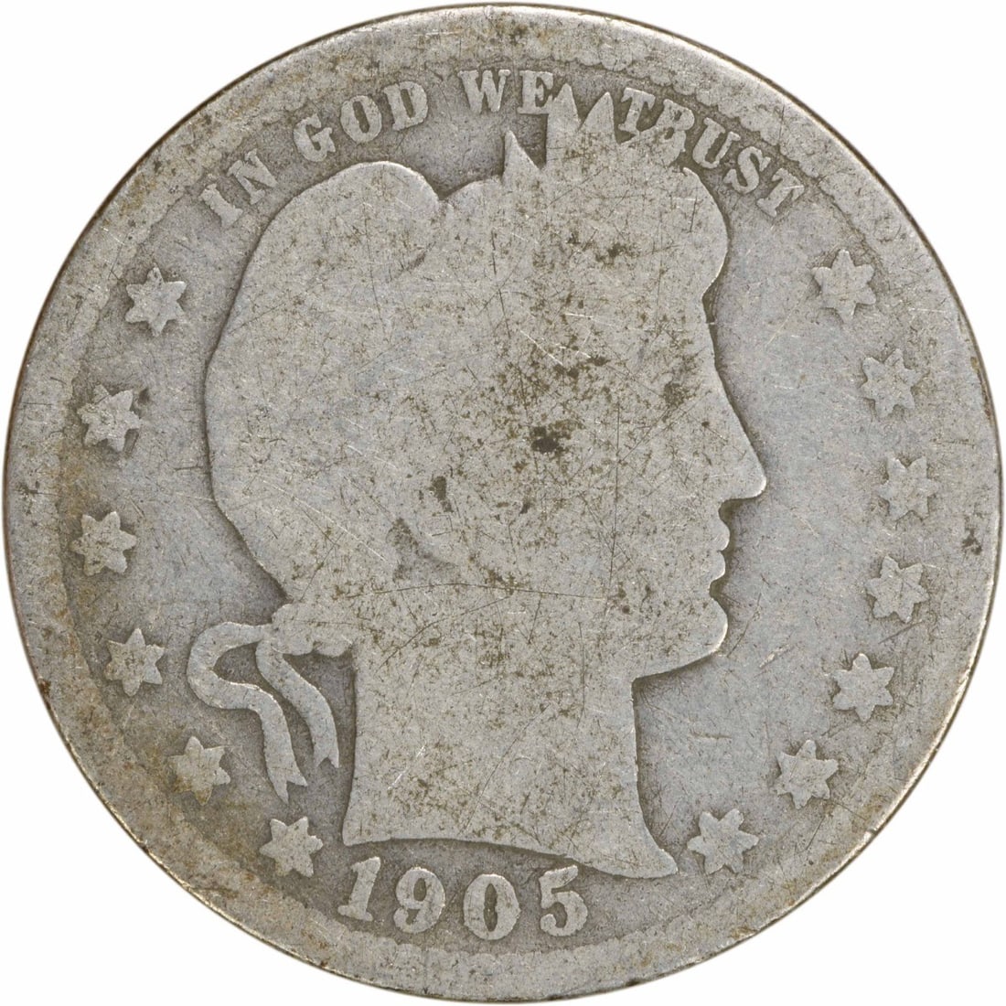 1905-O Barber Silver Quarter 25C G Uncertified Coin: 1905-O Barber Silver Quarter 25C G Uncertified Coin This 1905-O Barber Silver Quarter is a historical piece from the United States, featuring a design by Charles E. Barber. It has been circulated and 