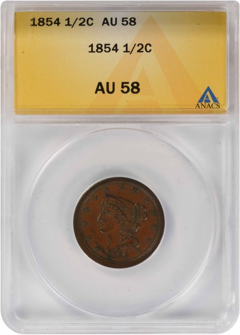 Braided Hair 1854 Half Cent ANACS AU58 Copper Coin Philadelphia Mint: Braided Hair 1854 Half Cent ANACS AU58 Copper Coin Philadelphia Mint This 1854 Braided Hair Half Cent is an ANACS-certified example graded AU58, indicating a lightly circulated coin with minimal wear.