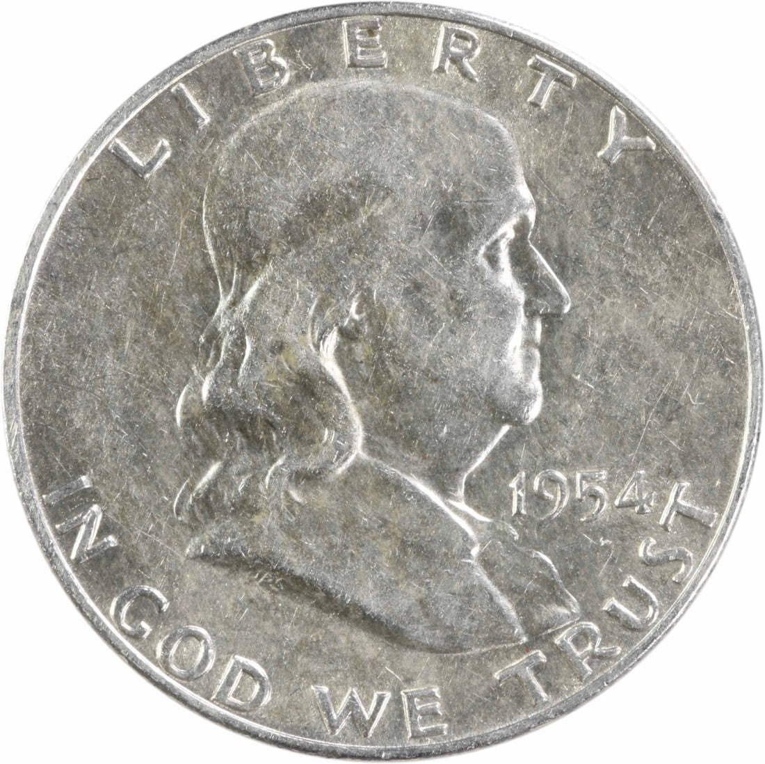 1954-D Denver Franklin 50 Cent Silver Coin About Uncirculated Uncertified: 1954-D Denver Franklin 50 Cent Silver Coin About Uncirculated Uncertified This 1954-D Franklin Half Dollar is composed of 90% silver and 10% copper. Struck at the Denver Mint, the coin has a denominat