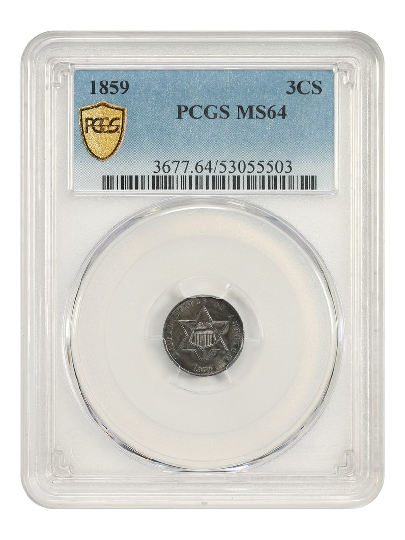 1859 Philadelphia 3CS PCGS MS64 Silver Three Cent: 1859 Philadelphia 3CS PCGS MS64 Silver Three Cent This 1859 Three Cent Silver coin (3CS) is certified by PCGS with a grade of MS64. The coin is uncirculated and features attractive deep blue and sea-g