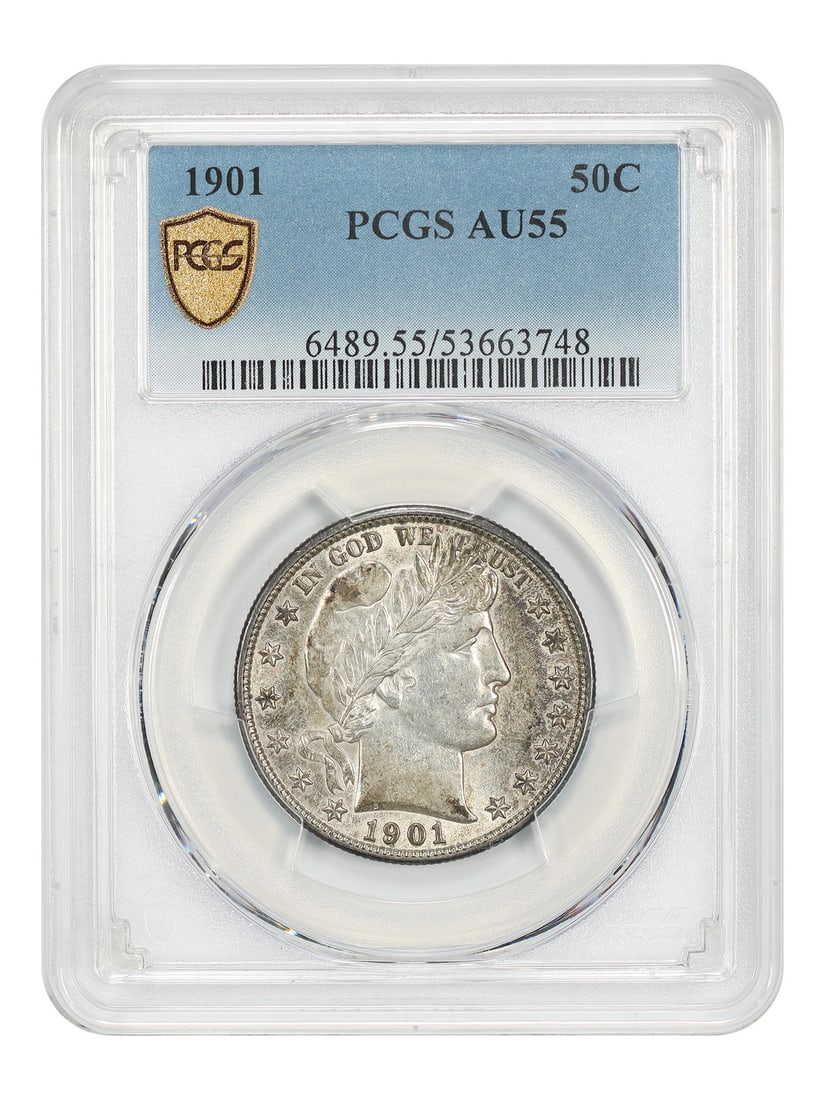 1901 Philadelphia Barber Half Dollar PCGS AU55 50C: 1901 Philadelphia Barber Half Dollar PCGS AU55 50C This 1901 Barber Half Dollar has been graded AU55 by PCGS and originates from the Philadelphia mint. It is a circulated coin and retains much of its 