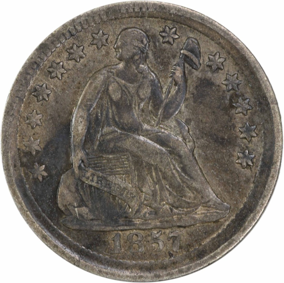1857 Liberty Seated Half Dime Uncertified 90% Silver: 1857 Liberty Seated Half Dime Uncertified 90% Silver This 1857 Liberty Seated Silver Half Dime showcases a rich history, originating from the United States. It is a circulated coin, graded as EF (Extr