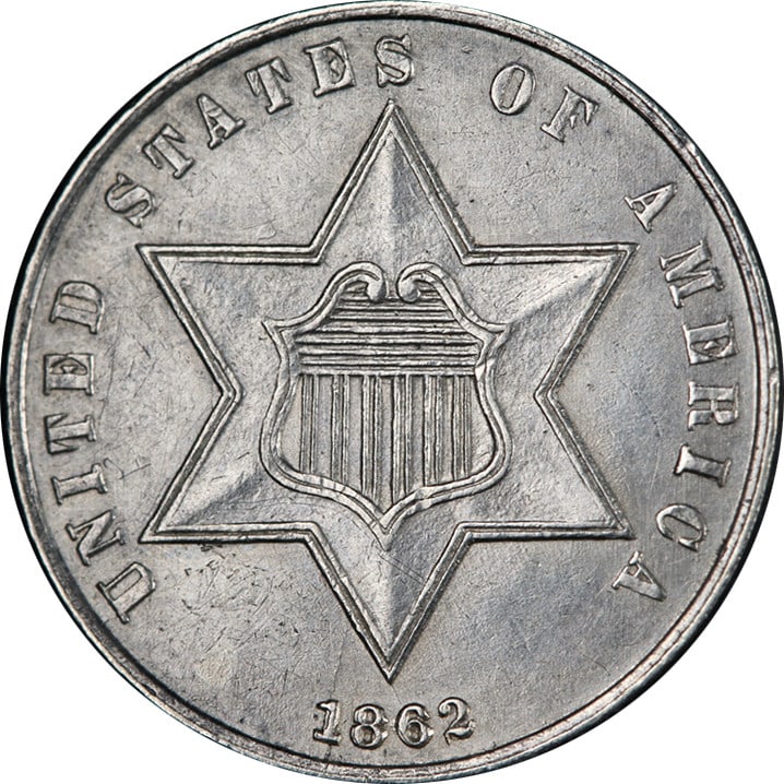 1862 Overdate 3 Cent Silver Choice AU BU: 1862 Overdate 3 Cent Silver Choice AU BU This 1862/1 Three Cent Silver coin from the United States features a strong strike, attractive luster, and appealing surfaces. Graded Choice AU/BU, it showcase