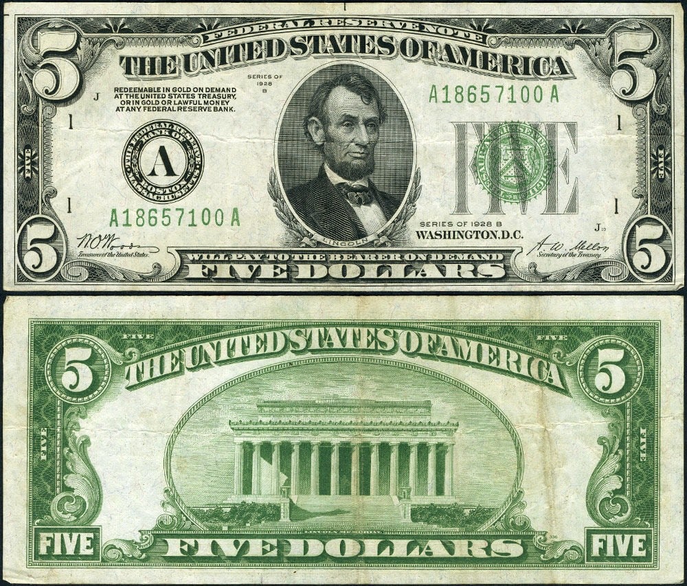 Boston A A Block 1928-B $5 Federal Reserve Note DGS VF+: Boston A A Block 1928-B $5 Federal Reserve Note DGS VF+ This is a 1928-B $5 Federal Reserve Note from Boston, featuring the A-A block and Gold Demand clause. The note is circulated and graded VF+ (Ver