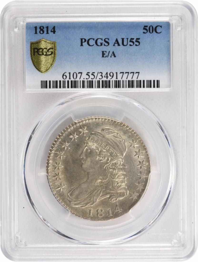 1814 Bust Silver Half Dollar 50C AU55 PCGS by John Reich: 1814 Bust Silver Half Dollar 50C AU55 PCGS by John Reich This 1814 Bust Silver Half Dollar is a remarkable piece certified by PCGS in AU55 grade. Struck at the Philadelphia mint, it features the iconi