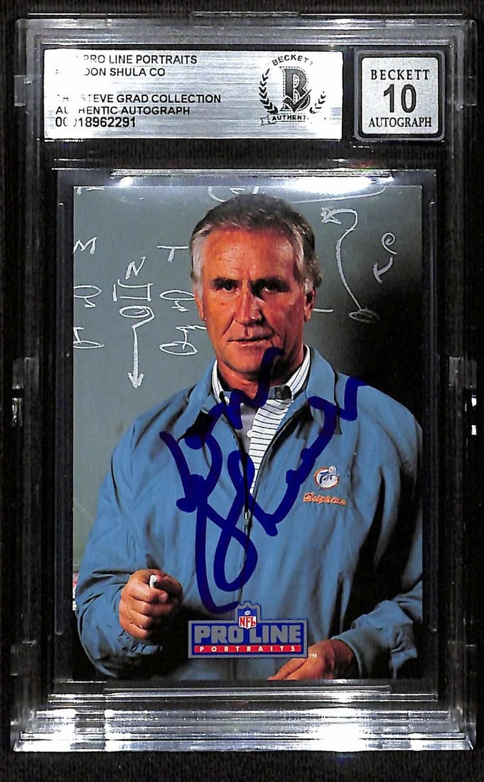 1991 Pro Line Portraits Don Shula signed football card Beckett 10: 1991 Pro Line Portraits Don Shula signed football card Beckett 10 This 1991 Pro Line Portraits football card features the personal signature of legendary coach Don Shula. The card is encapsulated and 
