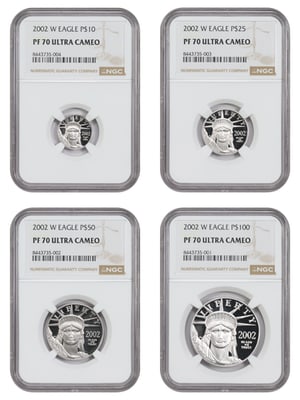 2002-W Platinum Statue of Liberty 4-Coin NGC PR70DCAM Set: 2002-W Platinum Statue of Liberty 4-Coin NGC PR70DCAM Set This set features four Platinum Statue of Liberty coins from 2002, including denominations of $10, $25, $50, and $100. Each coin is graded PR7