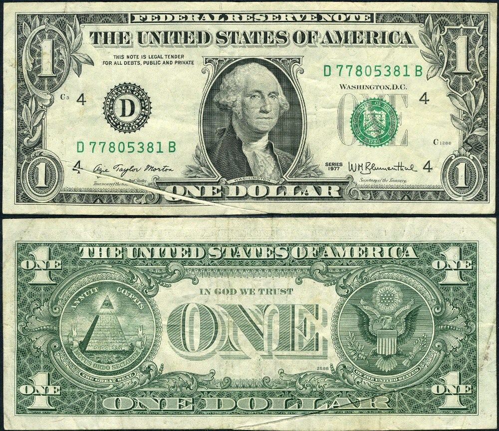 1977 $1 Federal Reserve Note Gutterfold Error VF+ (1 of 3)
