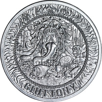 2025 Intaglio Mint Gluttony 1 Ounce Silver Coin: 2025 Intaglio Mint Gluttony 1 Ounce Silver Coin This is a 2025 Intaglio Mint 1 ounce silver bullion coin from the Seven Deadly Sins series, featuring the Gluttony design. The coin is noted for its sup