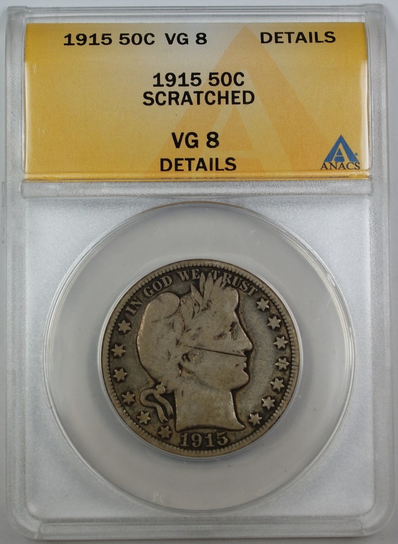 ANACS Certified 1915 Barber Silver Half Dollar VG-8 Details Philadelphia: ANACS Certified 1915 Barber Silver Half Dollar VG-8 Details Philadelphia This is a 1915 Barber Silver Half Dollar from the United States, minted in Philadelphia. Certified by ANACS with a grade of VG-