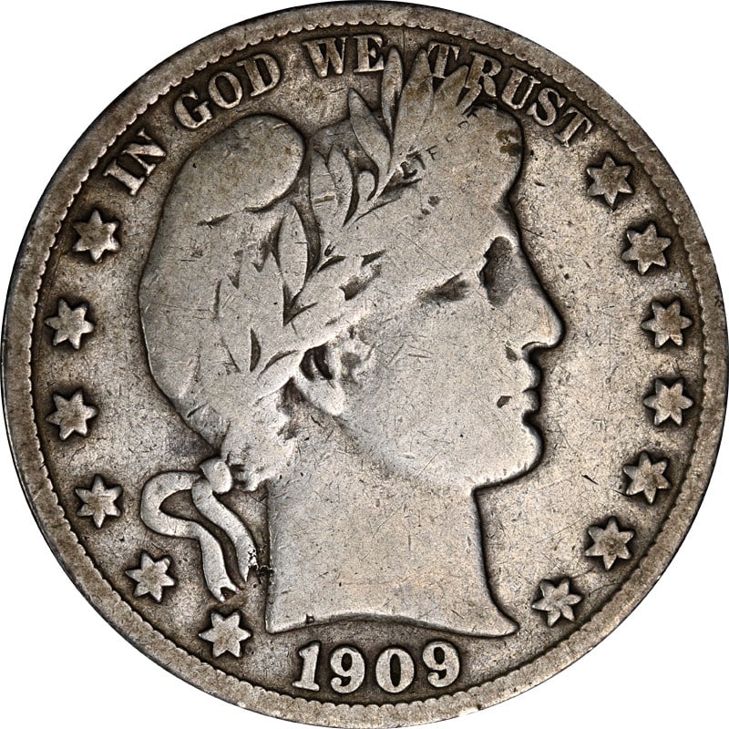 1909 San Francisco Silver Barber Half Dollar United States Coin: 1909 San Francisco Silver Barber Half Dollar United States Coin This is a 1909-S Barber Half Dollar from the United States, composed of 90% silver. The coin is circulated and pre-owned, minted in San 