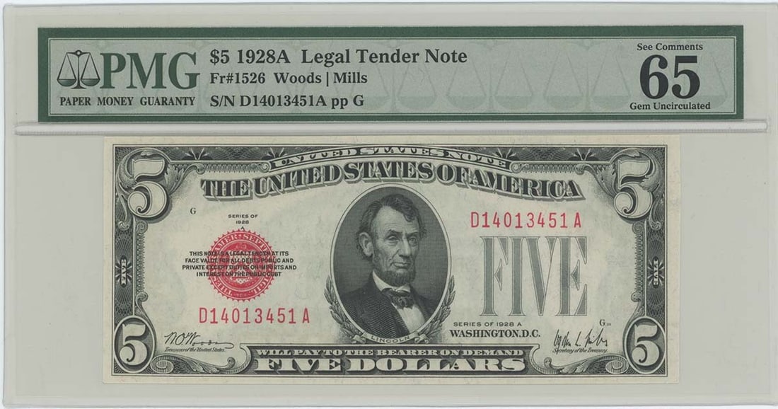 PMG 65 EPQ 1928A Five Dollar FR1526 Legal Tender Note Gem Uncirculated: PMG 65 EPQ 1928A Five Dollar FR1526 Legal Tender Note Gem Uncirculated This 1928A $5 Legal Tender Note, designated as FR#1526, has been certified by PMG with a grade of 65 Gem Uncirculated EPQ. This u