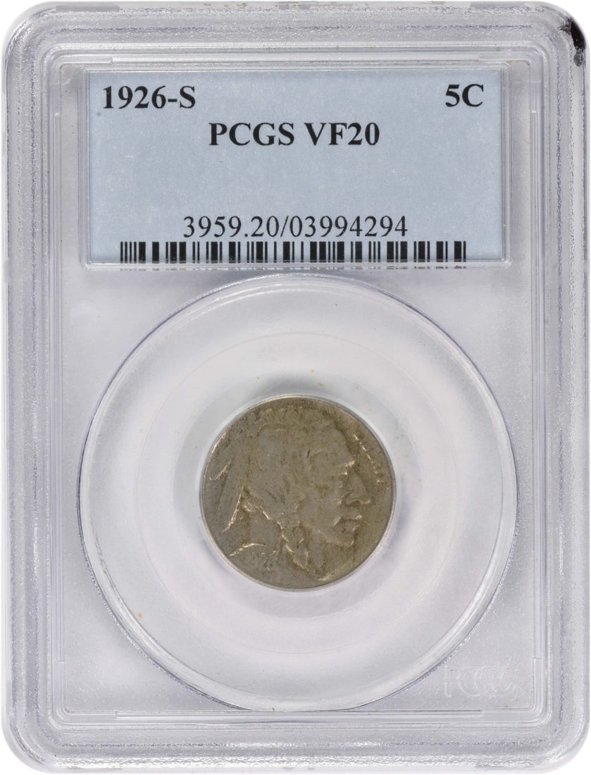 PCGS VF20 1926 S United States Buffalo Nickel Five Cent Coin: PCGS VF20 1926 S United States Buffalo Nickel Five Cent Coin This 1926-S Buffalo Nickel is graded VF20 by PCGS, indicating it is in Very Fine circulated condition. The coin was minted in San Francisco