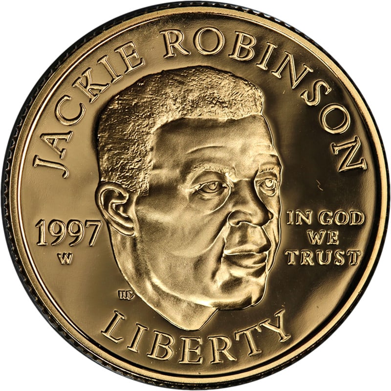 Jackie Robinson 50th Anniversary Gold $5 Set with Card Pin Patch: Jackie Robinson 50th Anniversary Gold $5 Set with Card Pin Patch This is a 1997-W Jackie Robinson Commemorative Gold $5 50th Anniversary set, which includes the $5 gold coin, commemorative card, pin, 