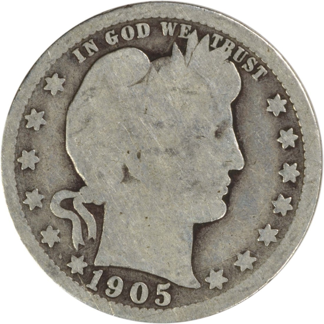 1905 New Orleans Barber Quarter 90 Percent Silver Uncertified United States: 1905 New Orleans Barber Quarter 90 Percent Silver Uncertified United States This 1905-O Barber Quarter is a circulated coin from the New Orleans Mint, designed by Charles E. Barber. Composed of 90% si
