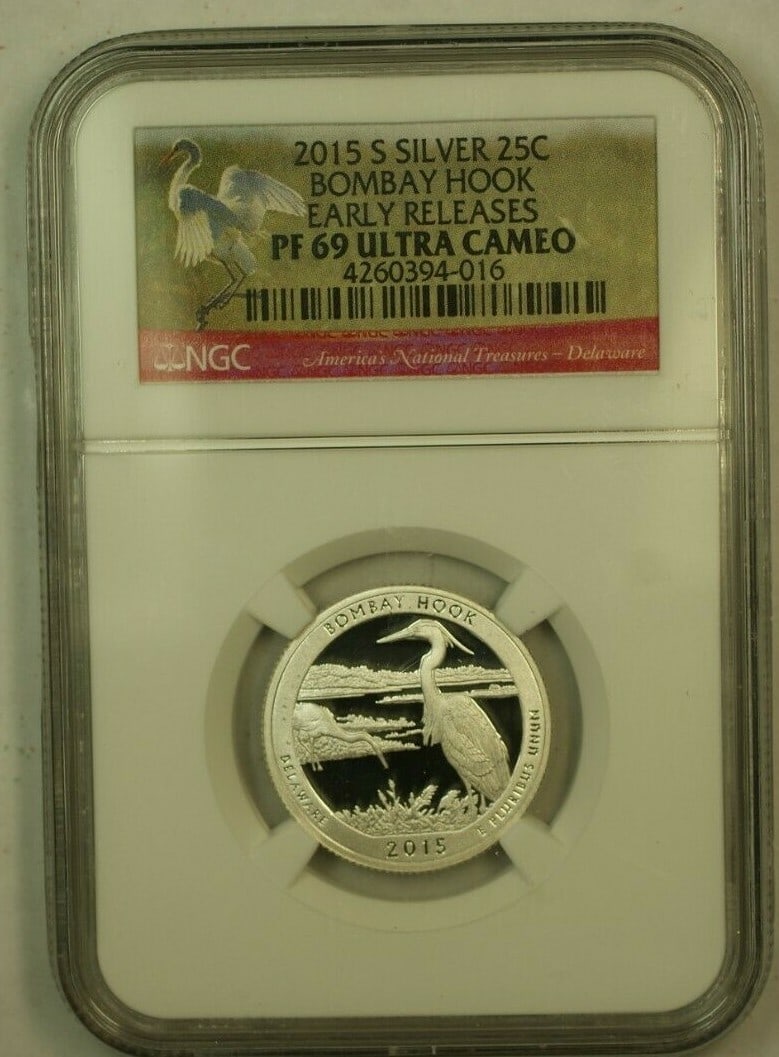 2015-S Silver Proof Quarter Bombay Hook NGC PF 69 Ultra Cameo Early Releases: 2015-S Silver Proof Quarter Bombay Hook NGC PF 69 Ultra Cameo Early Releases This 2015-S Silver Washington Bombay Hook quarter is an early release proof coin graded PF-69 Ultra Cameo DCAM by NGC. It i