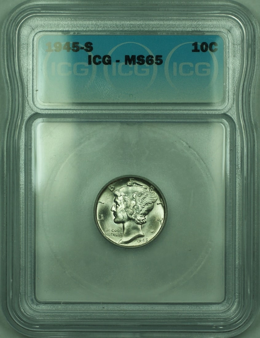 ICG MS-65 1945-S Mercury 10c Silver Dime: ICG MS-65 1945-S Mercury 10c Silver Dime This is a 1945 Mercury Silver Dime with a denomination of 10 cents, graded MS-65 by ICG. The coin is composed of 90% silver, was minted in San Francisco, and r