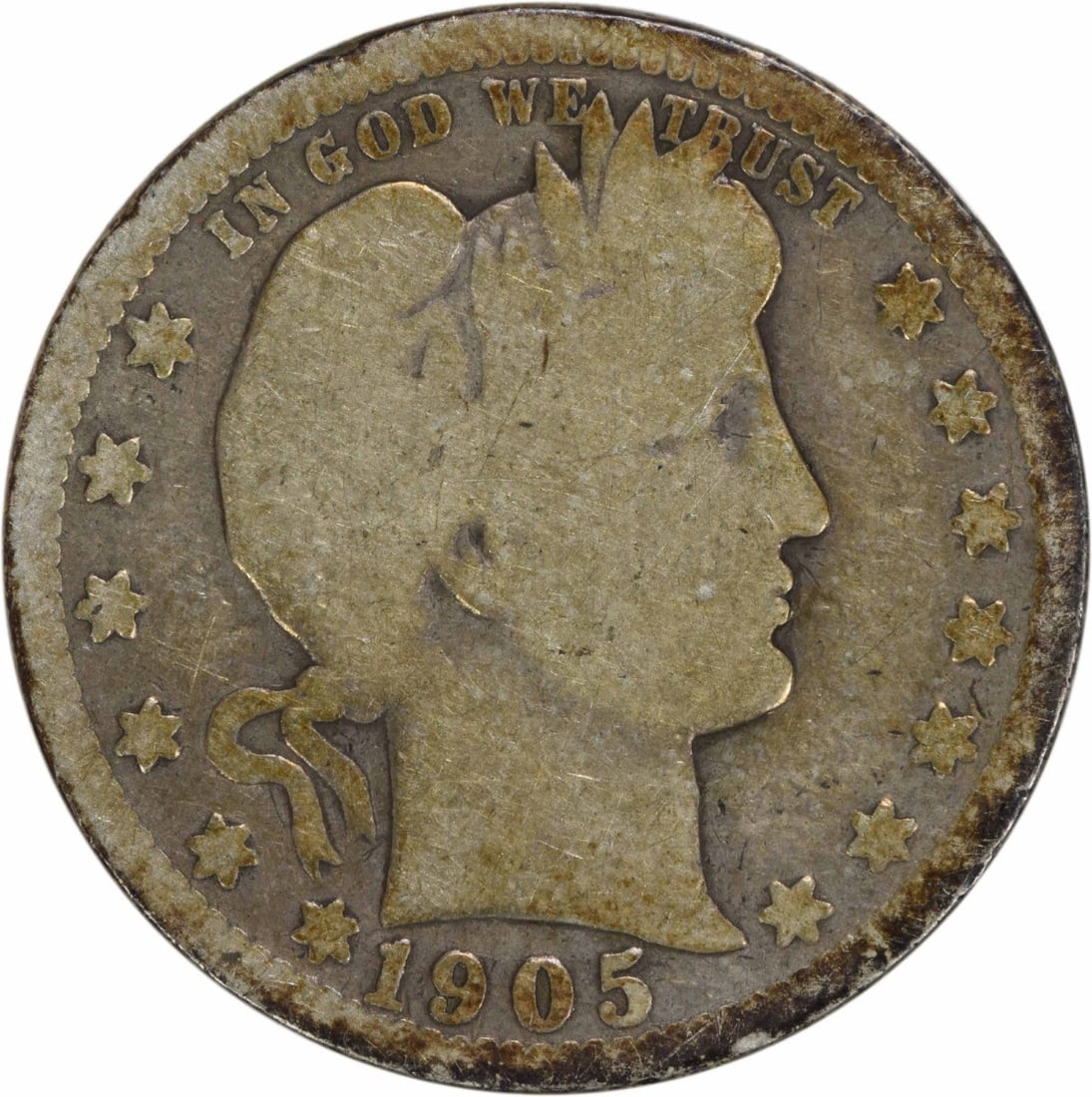 1905-O Barber Silver Quarter 25C G Uncertified 90% Silver: 1905-O Barber Silver Quarter 25C G Uncertified 90% Silver This 1905-O Barber Silver Quarter is a remarkable piece of American numismatic history. Struck at the New Orleans Mint, this circulated coin f