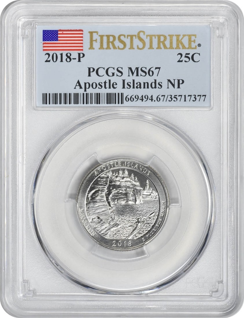 PCGS MS67 2018-P Apostle Islands America the Beautiful Quarter: PCGS MS67 2018-P Apostle Islands America the Beautiful Quarter This 2018-P Apostle Islands National Park quarter is part of the America the Beautiful series. Struck at the Philadelphia Mint, the coin 