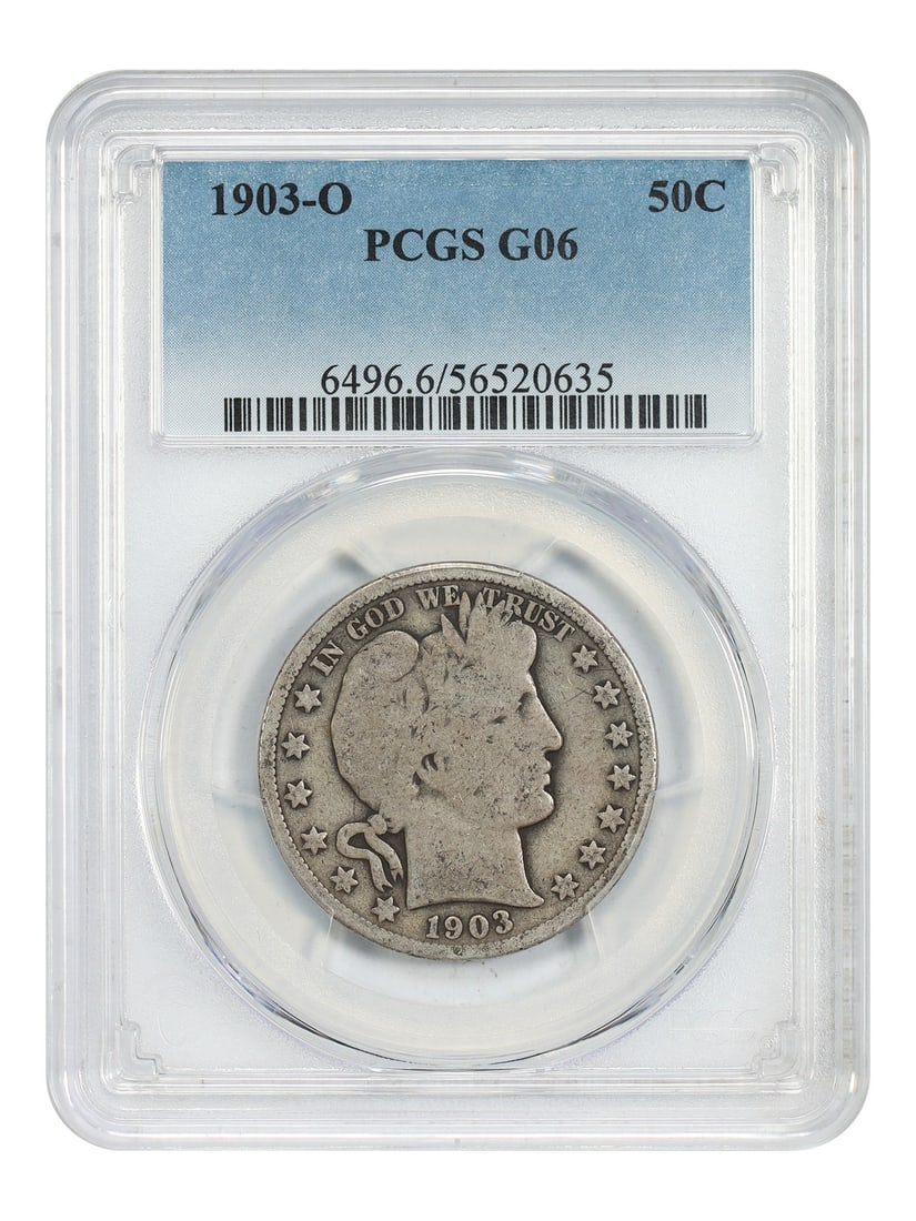1903 O New Orleans Barber Half Dollar PCGS Good 6: 1903 O New Orleans Barber Half Dollar PCGS Good 6 This is a 1903 Barber Half Dollar struck at the New Orleans Mint. The coin has been graded Good 06 by PCGS and is in circulated, pre-owned condition. 