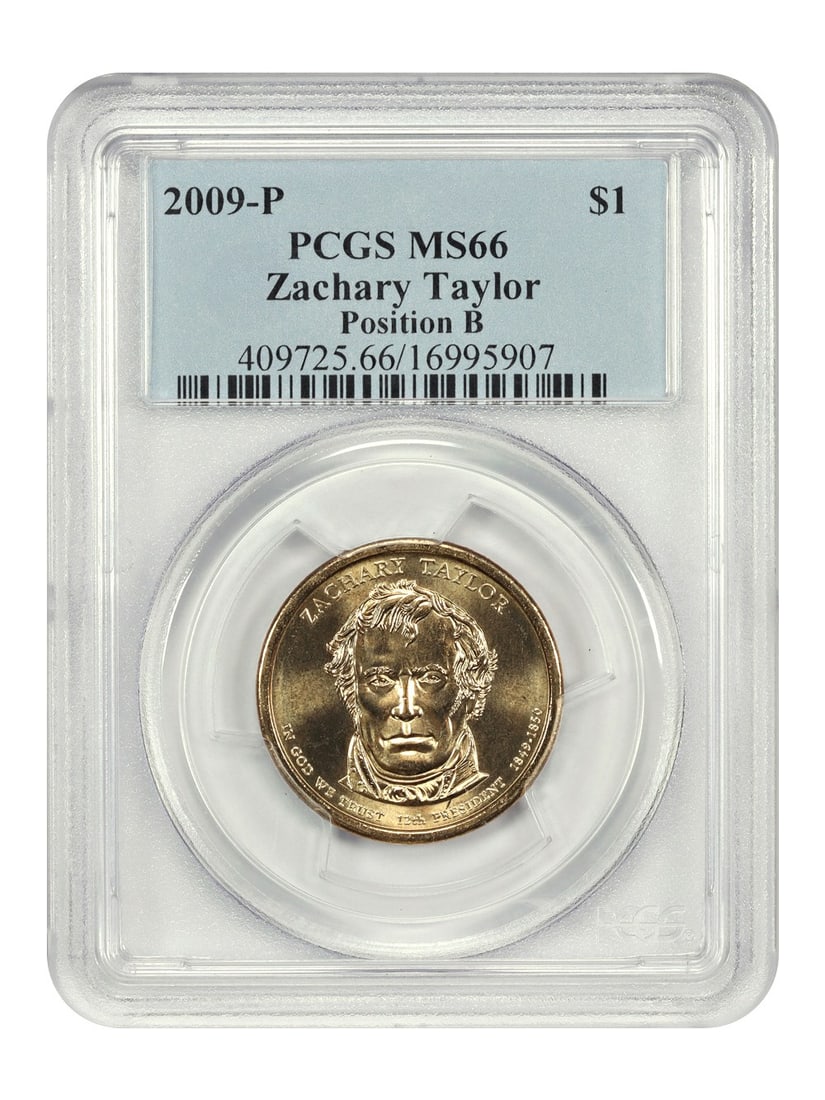 PCGS MS66 2009 Philadelphia Zachary Taylor Position B Presidential Dollar: PCGS MS66 2009 Philadelphia Zachary Taylor Position B Presidential Dollar This is a 2009-P $1 Zachary Taylor Presidential Dollar coin graded MS66 by PCGS. The coin is uncirculated and was struck at th