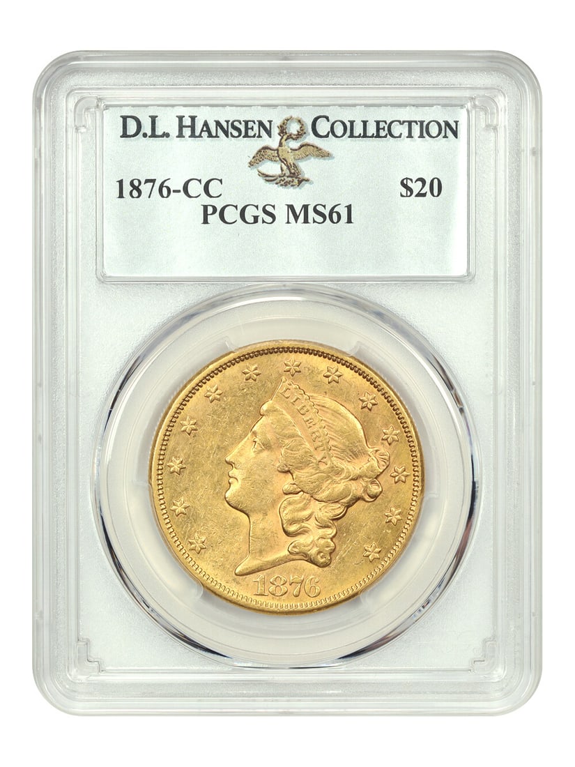 1876-CC $20 Liberty Head Gold Coin PCGS MS61 Uncirculated: 1876-CC $20 Liberty Head Gold Coin PCGS MS61 Uncirculated This 1876-CC $20 Liberty Head gold coin is graded MS61 by PCGS, showcasing uncirculated quality with smooth medium-gold surfaces that exhibit 