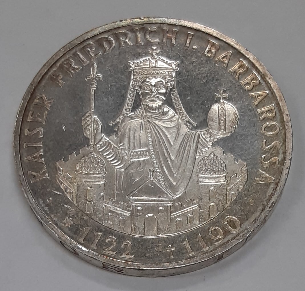Germany 1990-F 10 Mark Silver Proof Coin Commemorating Death of Frederick Barbarossa: Germany 1990-F 10 Mark Silver Proof Coin Commemorating Death of Frederick Barbarossa This 1990-F Germany 10 Mark silver coin commemorates the 800th anniversary of the death of King Frederick I, also k