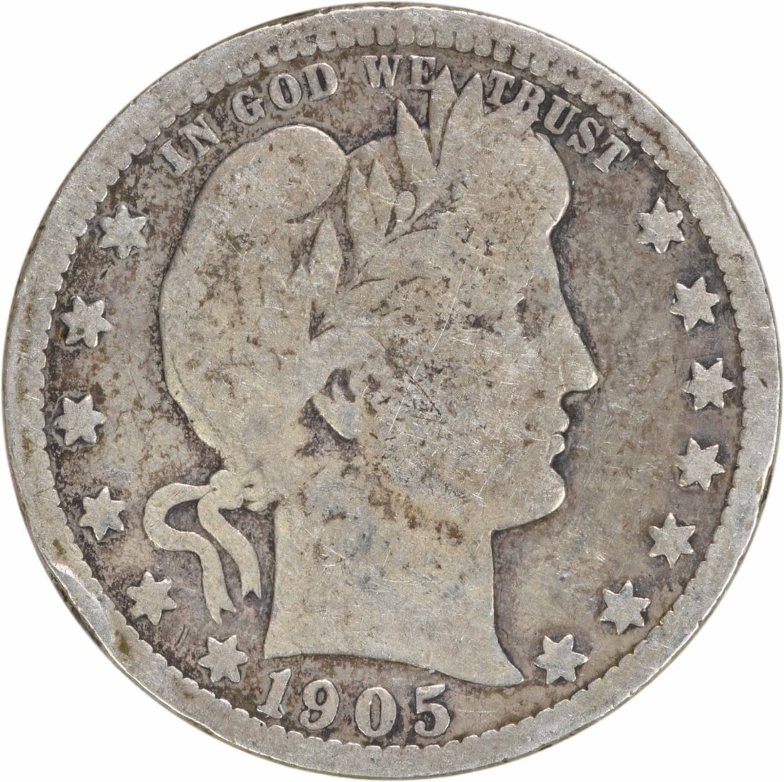 1905-O Barber Silver Quarter 25C Uncertified Coin: 1905-O Barber Silver Quarter 25C Uncertified Coin This 1905-O Barber Silver Quarter is a historical piece minted in New Orleans. Struck in 90% silver and 10% copper, this coin is part of the Barber se