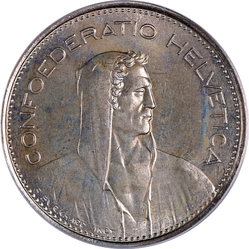 1974 Switzerland 5 Francs Coin ICG PR65 Uncirculated: 1974 Switzerland 5 Francs Coin ICG PR65 Uncirculated This stunning 1974 Switzerland Five Francs coin is certified by ICG with a grade of PR65, indicating its uncirculated condition. The coin showcases