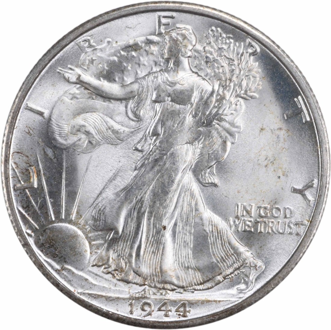 1944-S Liberty Walking Silver Half Dollar Choice BU Uncertified: 1944-S Liberty Walking Silver Half Dollar Choice BU Uncertified This 1944 Walking Liberty Silver Half Dollar is an uncirculated coin graded as Choice Brilliant Uncirculated (BU). It features the iconi