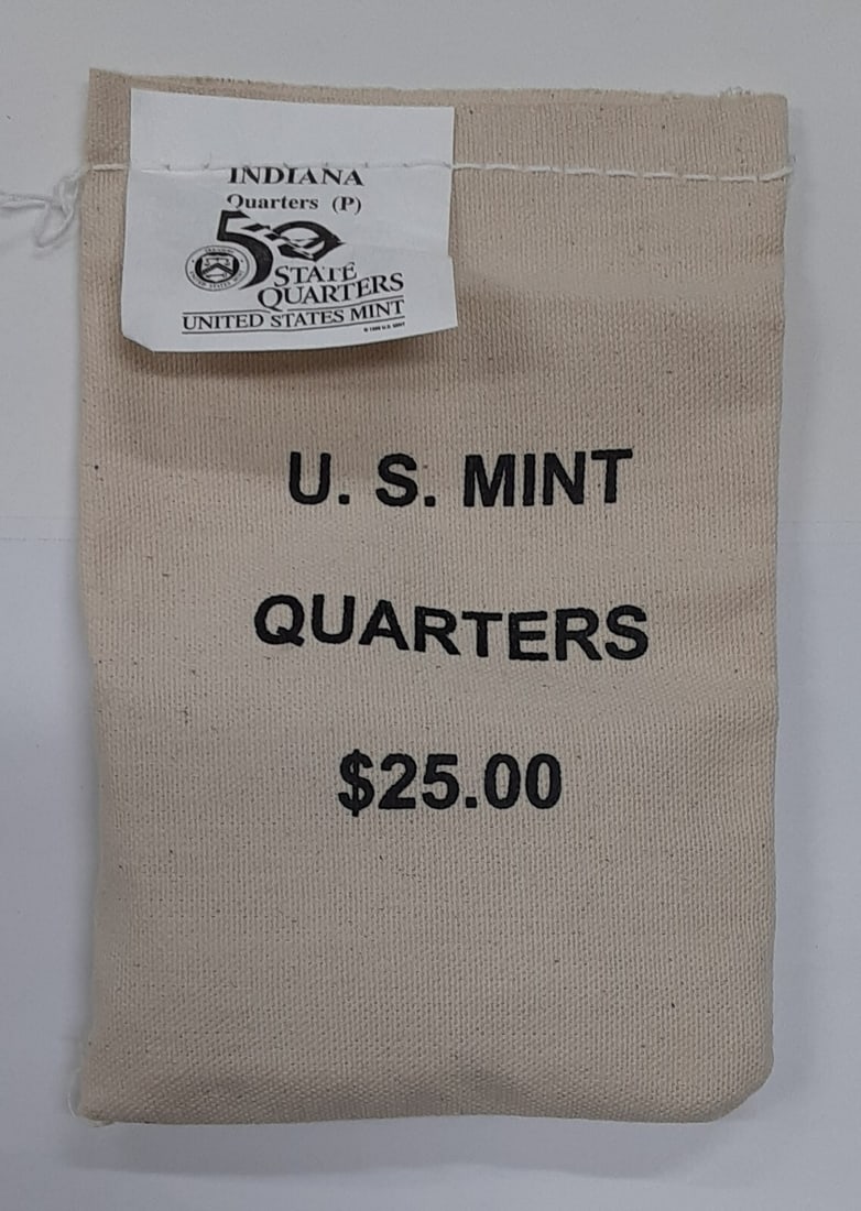 2002 Indiana State Quarter 100-Coin U.S. Mint Bag Philadelphia Uncirculated: 2002 Indiana State Quarter 100-Coin U.S. Mint Bag Philadelphia Uncirculated This is a $25 face value original U.S. Mint sewn bag containing 100 uncirculated Indiana Statehood Quarters from 2002, minte